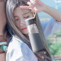草莓生活 玻璃水杯女单层可爱韩版家用学生儿童便携泡茶杯耐热水杯子男 深灰色-400ml-单个装