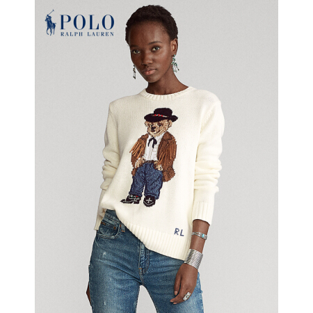 Ralph Lauren/拉夫劳伦女装 2020年早秋牛仔Polo小熊图案毛衫21695 101-白色 M
