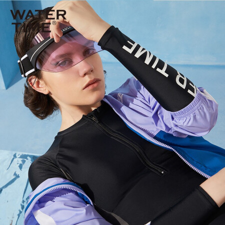 2020新款泳衣女连体平角长袖保守专业运动遮肚大码显瘦防晒游泳衣 黑灰 XL