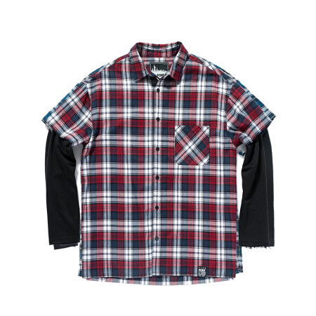 PONY长袖衬衫波尼男款上衣秋冬款假两件翻领格子时尚休闲衬衫83M2FS02 红色 M(175/96A)