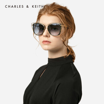 CHARLES&KEITH墨镜CK3-71280350欧美金属女士猫眼太阳眼镜 Black黑色