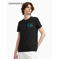 CK JEANS 2020春夏款男装 镭射塑胶贴片Logo短袖T恤J315131 BAE-黑色 L