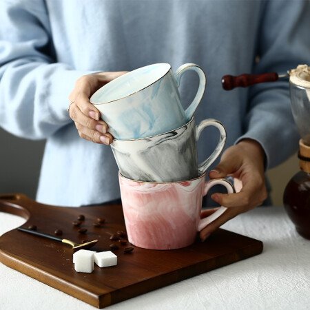 竹木本记北欧大理石纹陶瓷马克杯咖啡杯茶杯彩色情侣水杯 灰色