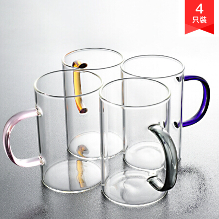 贝瑟斯 透明玻璃杯4个装 茶杯单层玻璃杯带把男女喝水杯子家用凉水杯