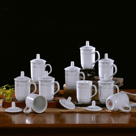 传世瓷 陶瓷杯子 带盖茶杯水杯 办公杯 套装家用景德镇瓷器 会议室泡茶 马克杯 10个套组 白玉莲10个 20*20