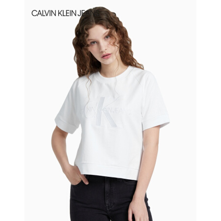 CK JEANS 2020春夏款女装 圆领短袖刺绣LOGO针织休闲卫衣J213739 YAF-白色 S