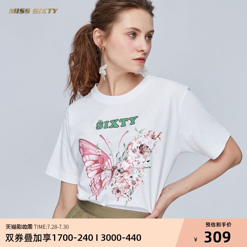 Miss Sixty春夏纯棉图案印花上衣宽松圆领休闲亲肤短袖T恤女