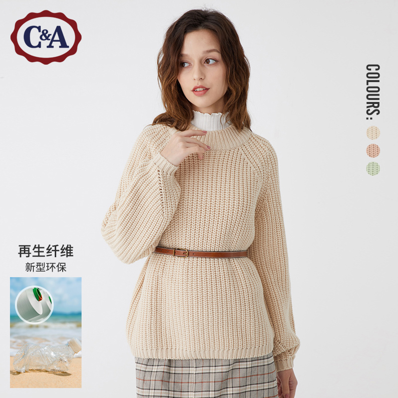 C&A再生纤维粗线慵懒宽松圆领套头厚毛衣女2019针织衫CA200221880