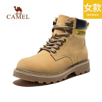 骆驼（CAMEL）女鞋 高帮保暖时尚马丁靴 工装靴舒适防滑系带休闲工装鞋 A94241601，黄色，女 37