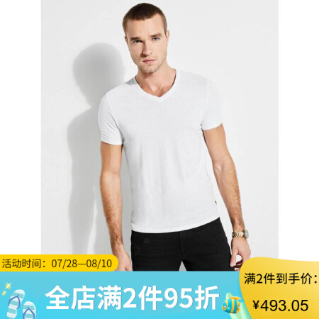 GUESS盖尔斯男款V领纯色短袖舒适日常T恤M83P35R40C1 pure white l