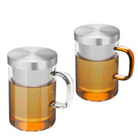 艾芳贝儿(AlfunBel)花茶杯3件套高硼硅耐热玻璃杯不锈钢内胆杯个人冲泡器水杯 透明琥珀色2只装