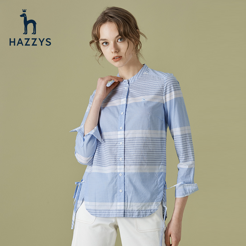 Hazzys哈吉斯潮流格子衬衫女薄夏新款纯棉长袖女韩版宽松条纹衬衣
