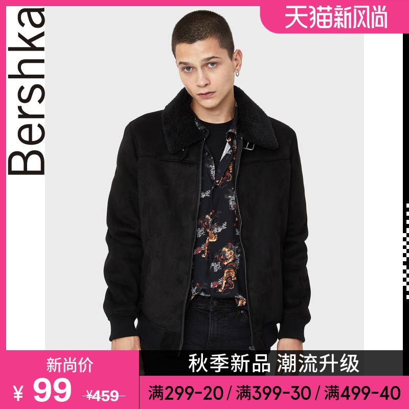 Bershka男士 黑色潮流机车加厚夹克仿羊羔毛外套男 06384564800