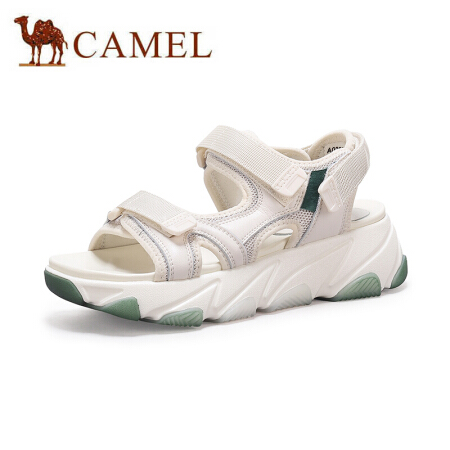 骆驼（CAMEL） 女鞋 清爽休闲拼接鞋面魔术贴调节厚底凉鞋 A025256124 米/绿 39