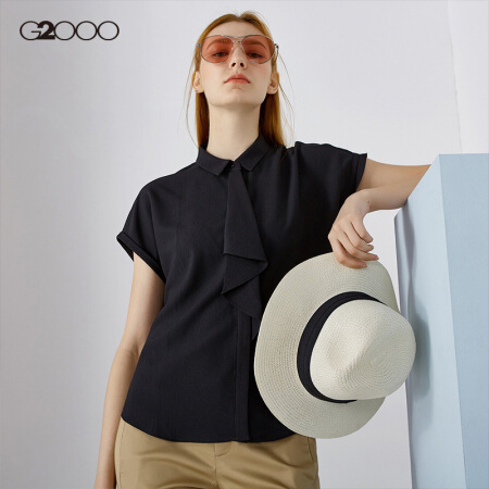 G2000女装短袖衬衫 春夏季款百褶领拼接商务通勤气质休闲上衣00748001 黑色/99 40/175