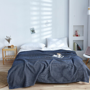 辰枫家纺 全棉毛巾被单人双人夏季空调毯纯棉午休盖毯子 小格子毯深蓝 150*200cm
