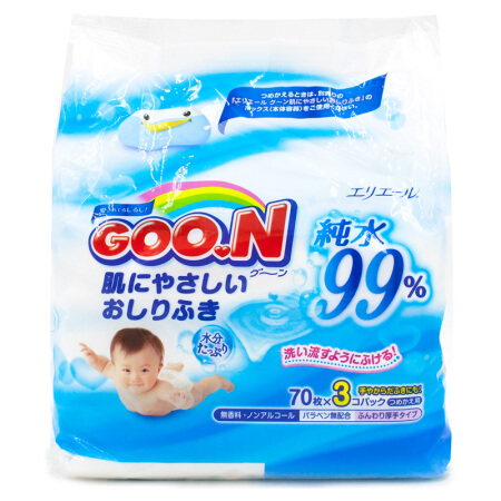 大王（GOO.N） 日本原装Goon大王婴儿无香水润波型湿纸巾 宝宝湿巾70片*3/包 补充装