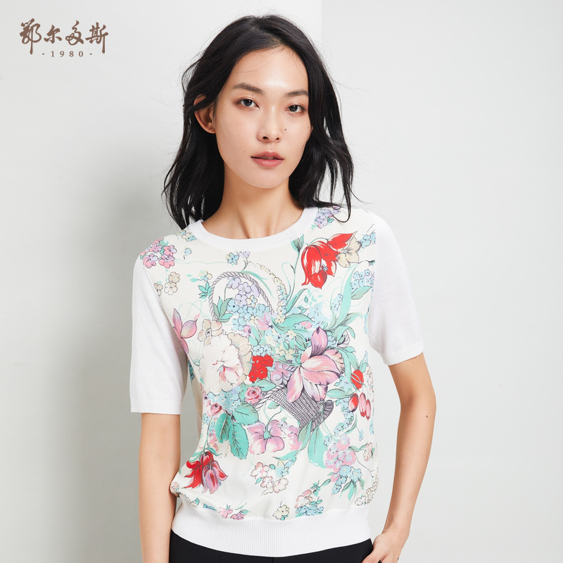 ERDOS 春夏花卉印花圆领短袖T恤桑蚕丝女轻薄针织空调衫真丝