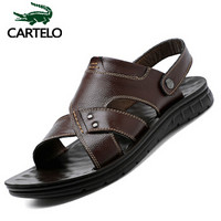 卡帝乐鳄鱼（CARTELO）男鞋头层牛皮沙滩鞋户外两用露趾防滑凉鞋9500 棕色 38