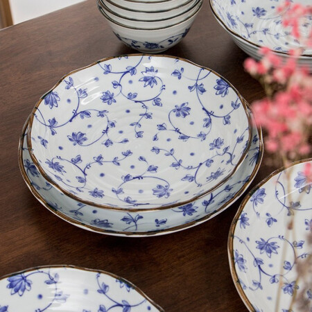 美浓烧 日本陶瓷餐具碗碟套装家用简约盘子碗组合中日式碗具 唐草8头套装 8头