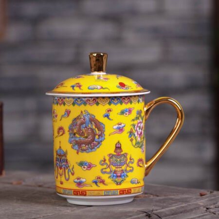 景德镇陶瓷泡茶杯带盖子手绘金边骨瓷水杯套装办公会议杯子主人杯 金边黄八宝茶杯