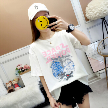 朗悦女装 夏季短袖T恤女韩版前后印花t恤宽松休闲学生上衣 LWTD192166 白色 M
