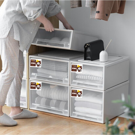 稻草熊加厚抽屉式收纳箱家用塑料内衣衣服整理箱衣物收纳柜子储物盒透明 1811【毛巾、牛仔裤】深53*宽30*高18cm 【单个装】透明(收藏加购 优先发货)