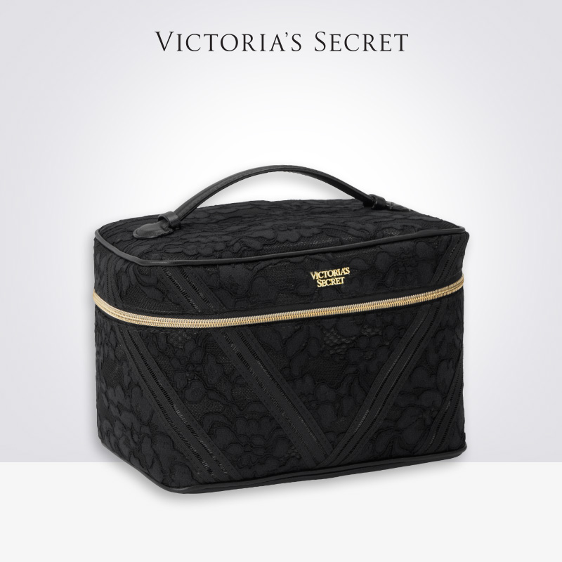 维多利亚的秘密黑色蕾丝化妆包2件套手提便携旅行收纳