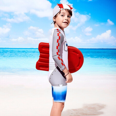 范德安（BALNEAIRE）儿童连体泳衣 长袖防晒卡通印花泳装 男童学生习泳训练游泳衣 浅蓝色 12-13(1.45-1.55m)