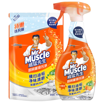 威猛先生（Mr Muscle） 油污净厨房重油污清洁剂油烟机清洗剂灶台油污净 1瓶+1袋补充装