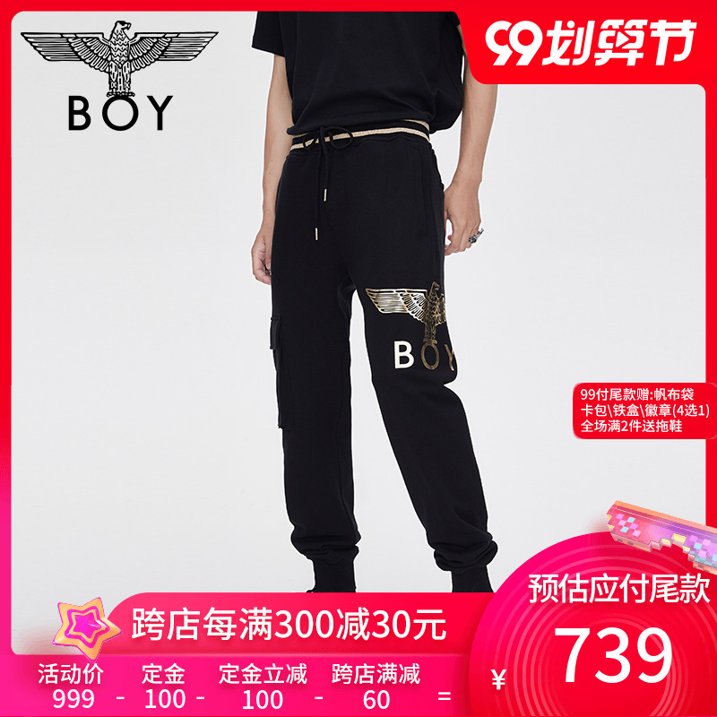 boylondon旗舰官网2020秋冬金色老鹰印花简约贴袋情侣卫裤T37902