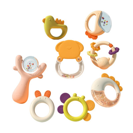 澳乐婴幼儿趣味牙胶摇铃8件套手摇铃玩具0-1岁 新生儿宝宝安抚早教玩具牙胶可咬0-3-6-12个月