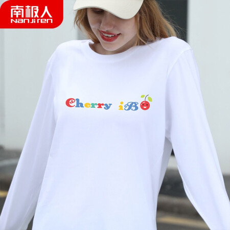 南极人 女士长袖T恤女春秋长袖圆领精梳棉套头汗衫 宽松潮流印花打底衫 白色 小樱桃M