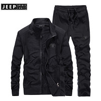 吉普JEEP 卫衣男套装2020秋立领开衫运动套装中青年男士休闲卫衣卫裤两件套 CX7656TZ 黑色 L