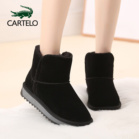 卡帝乐鳄鱼 CARTELO 时尚雪地靴女简约经典百搭棉鞋加绒保暖套脚女靴 KDLQW-9893 黑色 36/230(1.5)