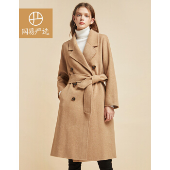 网易严选 毛呢大衣女新新品 经典中长款纯色翻领双面呢羊毛羊绒双排扣腰带外套 驼色 XL(175/96A)