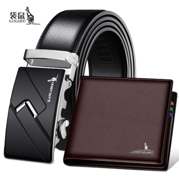 袋鼠 KANGAROO牛皮男士皮带自动扣牛皮皮带男腰带耐磨裤带 圣诞节 礼物 腰带男 皮带男真皮 商务银色扣头+啡色钱包 120CM