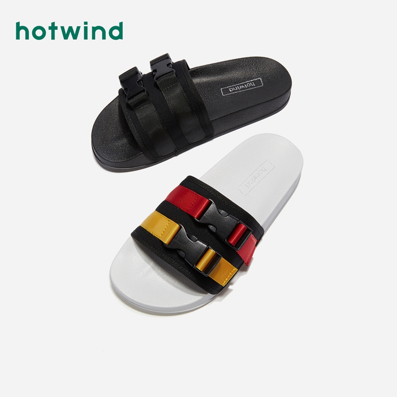 热风2019年新款学院风女士时尚休闲拖鞋拼色一字凉鞋H62W9612