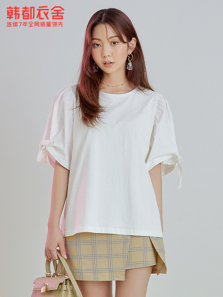 韩都衣舍2020夏装新款韩版女装宽松直筒纯色泡泡袖衬衫RE5068鲲
