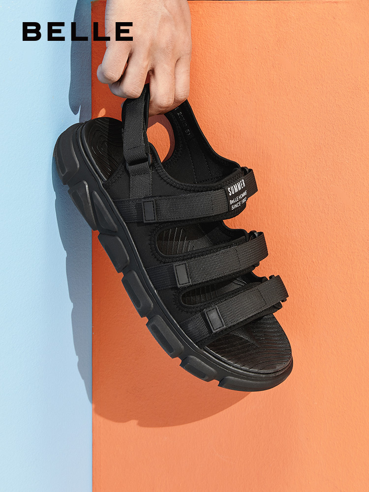 百丽沙滩凉鞋男夏季新款魔术贴运动风厚平底休闲凉鞋5ZB01BL9