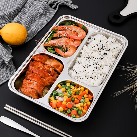 佳佰 304不锈钢餐盘饭盒 4格加深加厚分格带盖快餐盘学生餐盒 J3003-4G