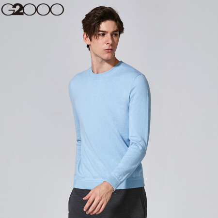 G2000棉质圆领套头纯色毛针织衫男 蓝色修身长袖毛衣男装96090507 天蓝色/61 M/170