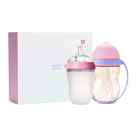 可么多么（COMOTOMO）新生儿宽口径奶瓶250ml粉色配3滴奶嘴 &吸管杯300ml粉 套组