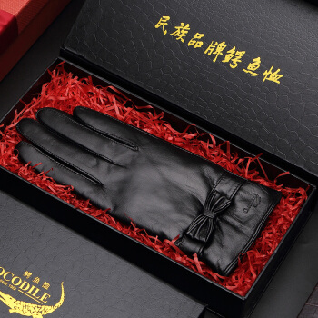 Crocodile 鳄鱼恤 山羊皮手套冬季女士加绒可触屏保暖手套生日礼物CQ15Y1327-01黑色 L码