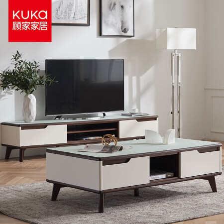 顾家家居 KUKA 茶几电视柜组合 现代简约高强度钢化玻璃实木高脚 客厅家具 PTK027 30天发货 白色透光