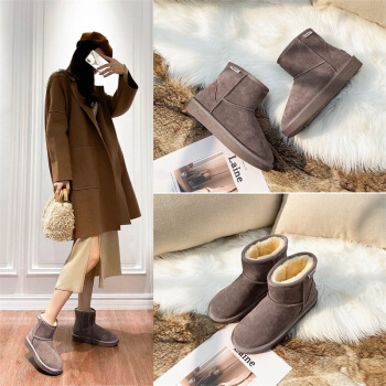 艾斯臣 ACESC 雪地靴女外穿ins潮百搭加绒棉鞋时尚短靴LAS73 杏色 37