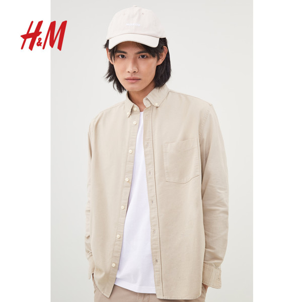 商品hm 男装休闲衬衣2020秋冬新款长袖黑色衬衫男上衣百搭 0795836
