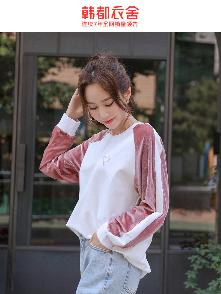 韩都衣舍2020秋装新款女韩版宽松打底衫ins拼接长袖卫衣NJ7915翝