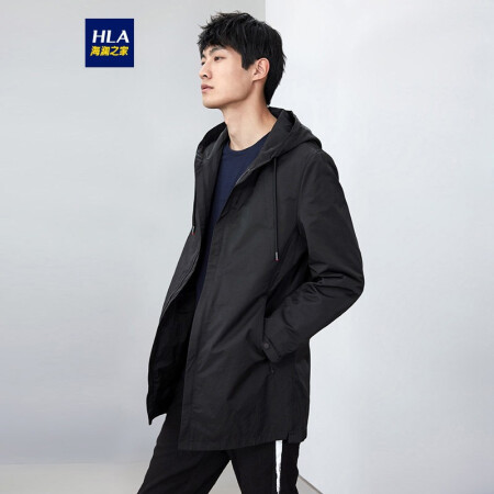 HLA海澜之家风衣男纯色带帽长款防风外套HWFAD1R005A黑色(05)175/92A(50) cz