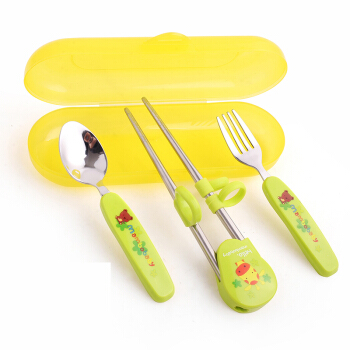 蔓葆 儿童餐具不锈钢叉勺筷带盒套装 创意卡通宝宝筷子训练学习筷子 苹果绿